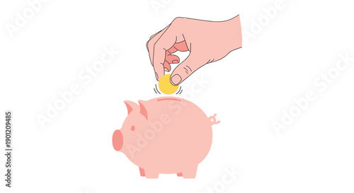 Human hand dropping a golden coin into a pink piggy bank, representing savings, investment, and financial security for