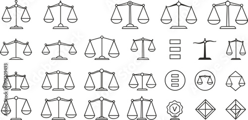 Justice scale balance icon set with legal law court equality and fairness symbols outline vector illustrations isolated