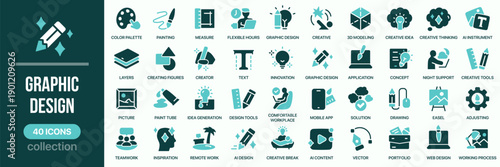Graphic design fill icon collection. Includes creativity, digital tools, illustration, layout, and visual workflow symbols. Created in colored style with turquoise palette