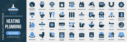 Heating and plumbing fill icon set with water pipes, toilet, shower, radiator, boiler, sink, leak, and repair tools. Colored style