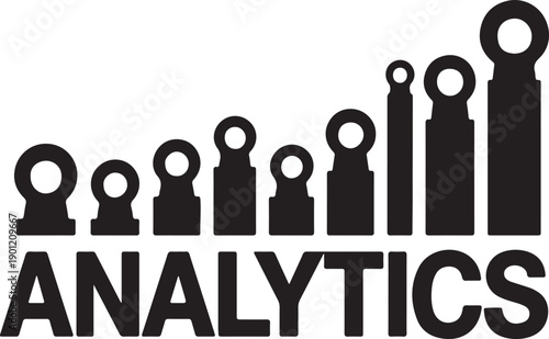 Predictive analytics typography silhouette, rising data bars with crystal ball vector illustration