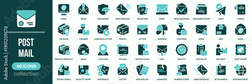 Post and mail fill icon set with email, parcel, postman, mailbox, delivery, stamp, folder, location, and mailing services. Colored style