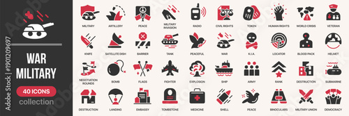 War and military fill icon collection. Includes army, weapons, explosions, peace, conflict, and military equipment symbols. Created in colored style with red palette