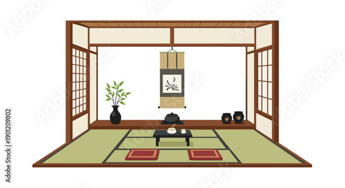 Traditional Japanese tea room interior with tatami mats, shoji screens, a hanging scroll, and tea ceremony implements