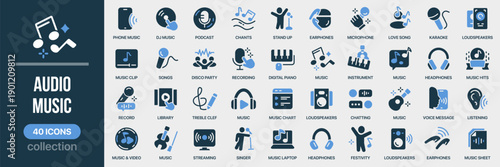 Audio and music fill icon collection. Includes songs, recording, headphones, streaming, karaoke, and sound activities. Created in colored style with blue palette