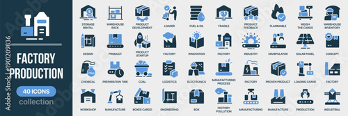Factory and production fill icon collection. Includes manufacturing, logistics, equipment, quality control. Created in colored style with blue palette