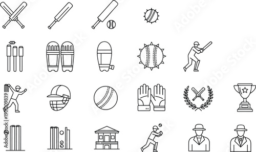 Cricket sport line icons set featuring bats balls players equipment stadium trophy symbols outline vector illustration