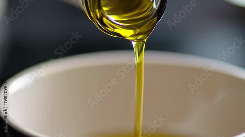 Olive oil dripping into a bowl