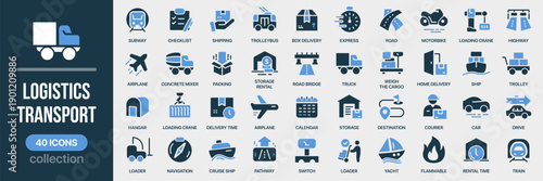 Logistics and transport fill icon collection. Includes delivery, shipping, vehicles, storage, and supply chain operations. Created in colored style with blue palette