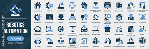 Robotics and automation fill icon set with AI, robot, factory, remote control, engineering, manufacturing, modeling, and smart technology. Colored style