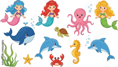 Whimsical mermaid and sea life vector set with blue whale dolphins octopus and colorful ocean creatures for nursery decor or mermaid birthday party invites