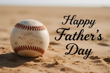 new Father's Day Baseball on sandy beach with Happy Fathers Day text
