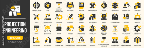 Projection and engineering fill icon collection. Includes innovation, robotics, modeling, manufacturing. Created in colored style with yellow palette