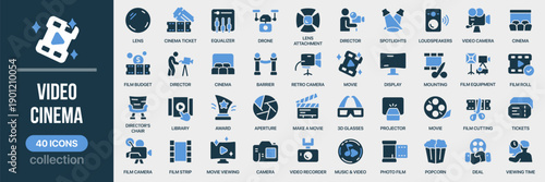 Video and cinema fill icon collection. Includes camera, directing, screening, editing, and movie production symbols. Created in colored style with blue palette