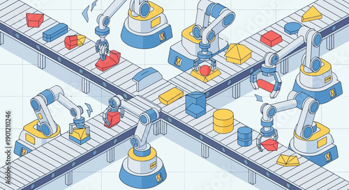 Robotic arms assemble products on a futuristic factory production line with machinery and equipment