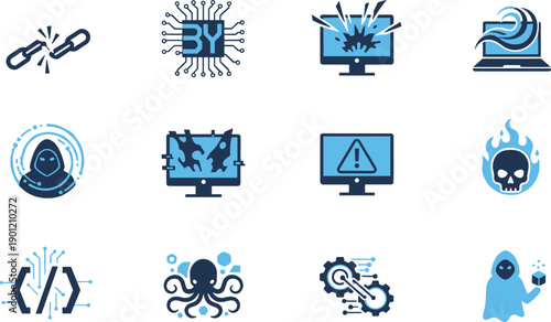 Cybersecurity icons, hacking symbols, digital threat graphics, malware visuals, system breach, warning alerts, botnet, ransomware, coding, virus