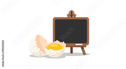 Freshly cracked egg with a bright yellow yolk beside a small tabletop chalkboard easel, ideal for showcasing culinary
