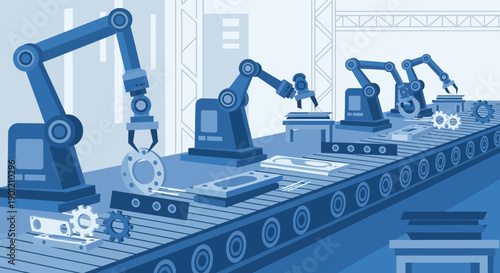Robotic arms assemble products on a factory production line with machinery