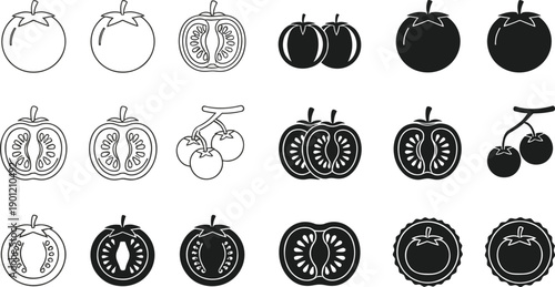 Tomato outline and silhouette icon set with whole sliced halves cherry varieties and botanical food vector illustrations isolated