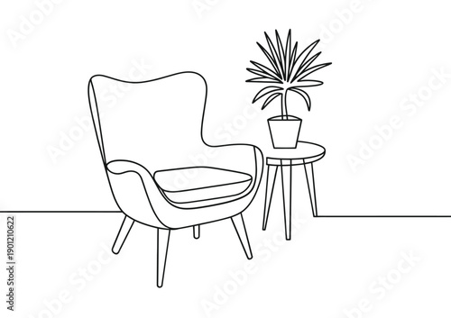 Minimalist line drawing of a cozy armchair and a small side table with plant