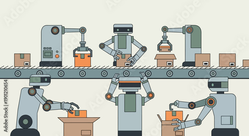 Robots efficiently pack and move boxes on a production line conveyor belt