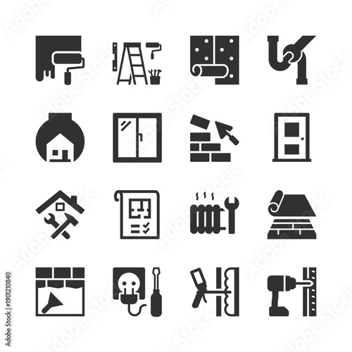 Home renovation and repair service, monochrome icons set. House and apartment repair work, construction tools, maintenance service, building improvement. Black and white symbols style.