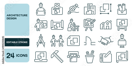 Set of 24 line icons related to architecture design, Editable stroke. Vector illustration