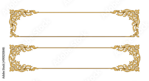 Two ornate golden decorative frames with intricate scrollwork at corners, providing elegant horizontal borders for text