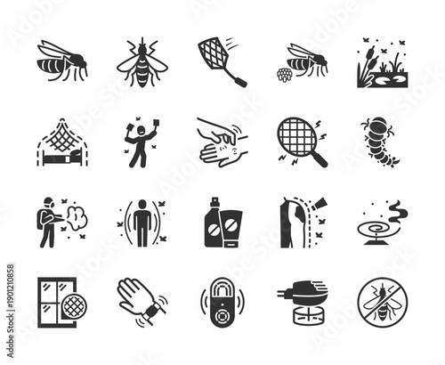 Mosquito protection and insect control, monochrome icons set. Mosquito repellent methods, insect bite prevention, personal safety, anti mosquito devices. Black and white symbols style.