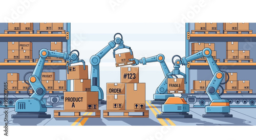 Robotic arms stack boxes efficiently in a warehouse loading facility with shelves.