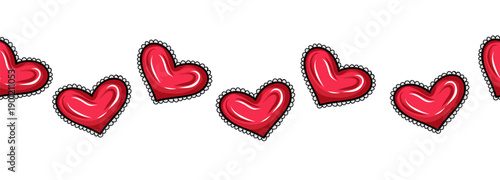 Glossy red hearts with decorative stitched outline. Seamless vector border. Cute romantic illustration for Valentine designs, cards, textiles, wrapping, and wallpapers, stationery