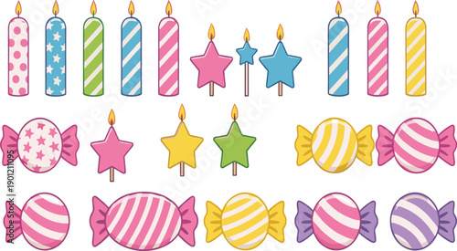 Colorful birthday candle and wrapped candy vector set with striped pillar candles star candles and sweet treats for party invitations or bakery decor