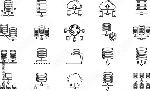 Data Storage and Server Line Art Icon Set, Flat Vector Illustration, Representing Hosting, Cloud Computing, Database, Network, Security, Big Data, and Technology.