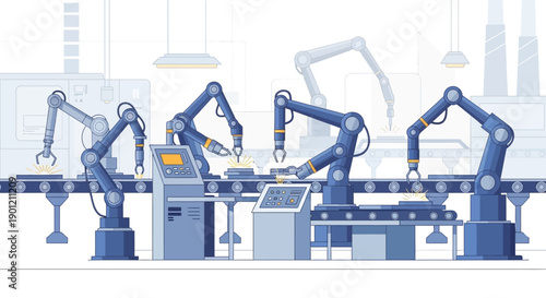Robotic arms work on an industrial assembly line in a factory.