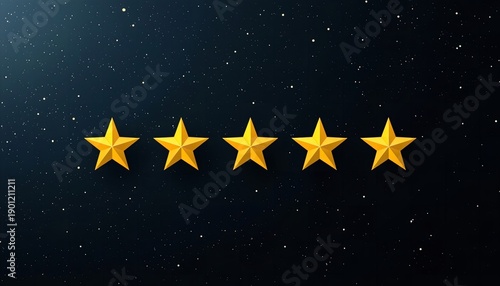 A row of five gold stars on a dark starry night background, symbolizing excellence and high quality rating
