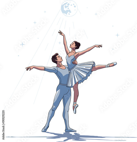 Ballet duet under moonlight, graceful dancers, romantic performance, elegant pose, magical ambiance, classical dance, night stage, artistic expression, tutu, stars