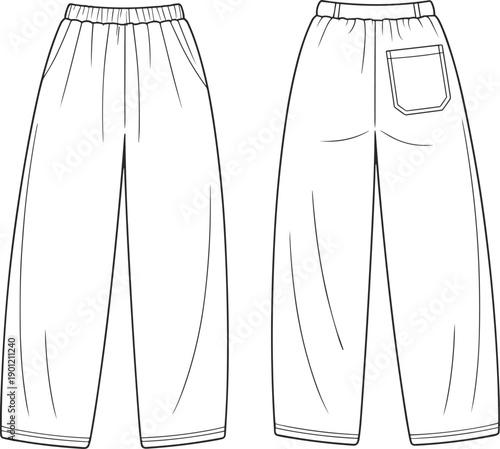 Baggy pants vector, front and back view, fashion flat sketch, CAD drawing, unisex trouser design, loose fit clothing template