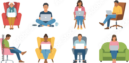 People Working on Laptops at Home and Office  Flat Vector Set