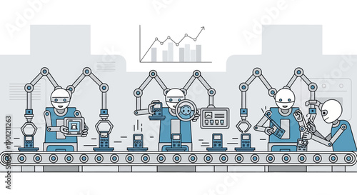 Robots and a worker assemble products on a production line with robotic arms in a factory setting.