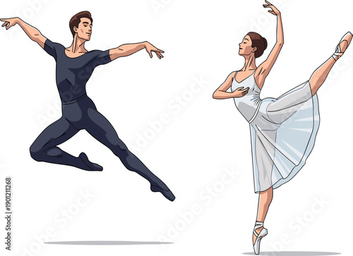 Ballet, dancers, performance, leap, en pointe, elegance, grace, athleticism, white dress, blue outfit, stage, pose, movement, art, choreography, flexibility, dance studio, classica