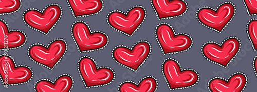 Glossy red hearts with decorative stitched outline. Seamless vector border. Cute romantic illustration for Valentine designs, cards, textiles, wrapping, and wallpapers, stationery