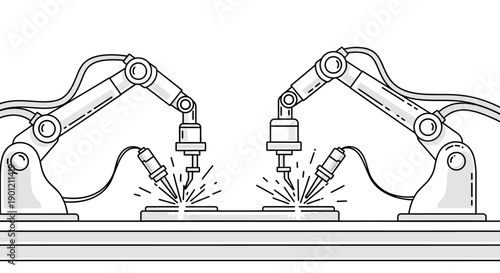 Industrial robots welding metal parts on a production line efficiently