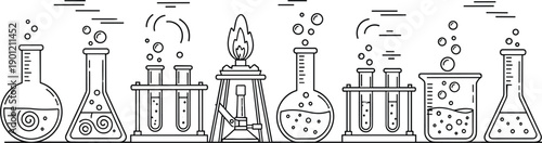 Vector line art illustration of chemistry laboratory flasks beakers and scientific glassware for research and education।