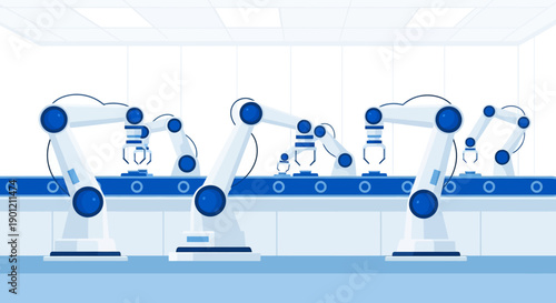 Robotic arms assemble products on a manufacturing production line with technology