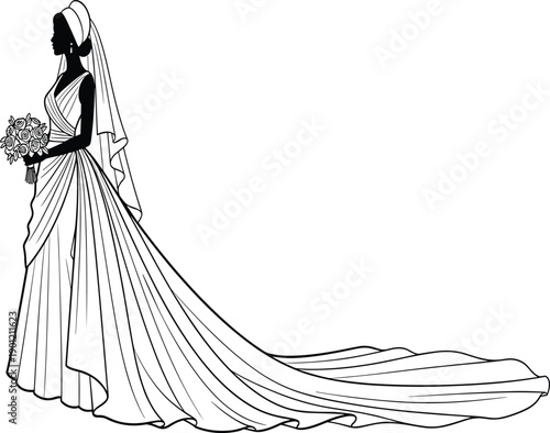 Beautiful bride silhouette, elegant wedding gown illustration, woman holding bouquet, bridal fashion design, long dress train vector, marriage ceremony artwork image