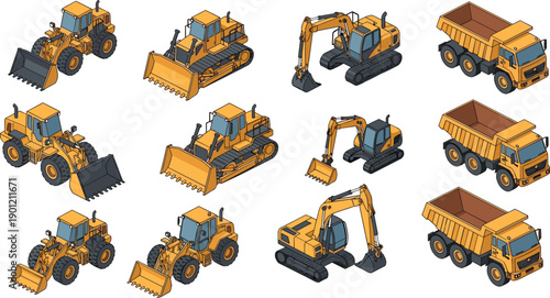 Isometric construction vehicles illustration set including excavator, bulldozer, wheel loader, and dump truck, heavy machinery collection for industrial building, mining, engineering, 