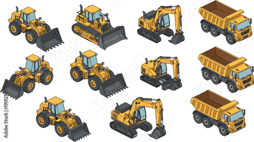 Isometric construction machinery set featuring excavators, wheel loaders, bulldozers and dump trucks, heavy equipment vehicles collection for industrial building and engineering projects isolated 