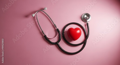 Stethoscope wrapped around a red heart on a pink background