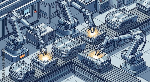 Robotic arms assemble cars on a factory production line with precision technology