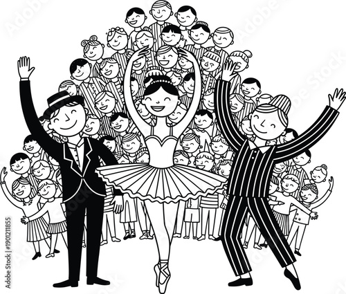 Joyful ballet dancers and celebrating crowd, black and white vector illustration, happy people performance, festive cartoon characters, stage celebration, smiling group dance
